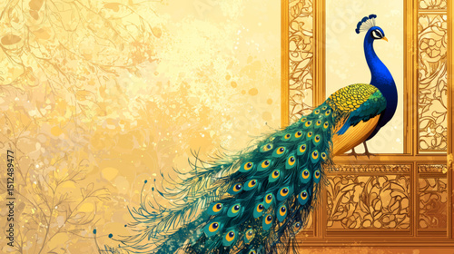 Regal Peacock in Golden Ornate Palace Window Vector Background for Presentations and Elegant Designs