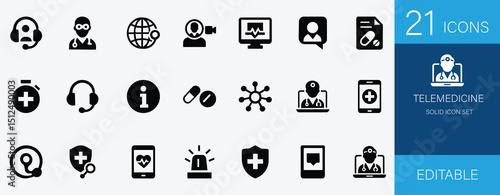 Modern solid telemedicine icons featuring doctor, patient, video consultation, ehealth, remote monitoring, mobile health app, AI diagnosis, wearable, and smart healthcare