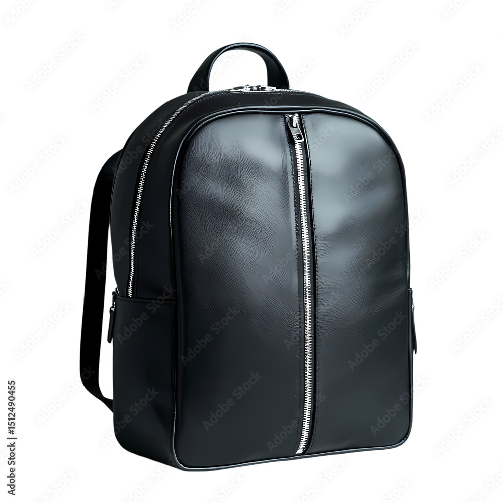 Fototapeta premium A sleek black leather backpack with silver zippers and a top handle shown close up isolated on transparent background