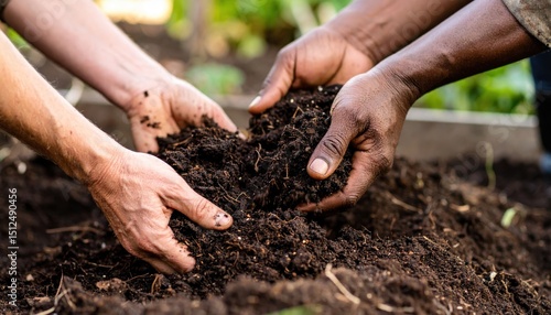 Close-up shot of diverse hands holding and mixing soil for planting and gardening demonstrates unity and the connection to nature in an organic way