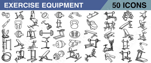 Set of 50 fitness equipment line icons