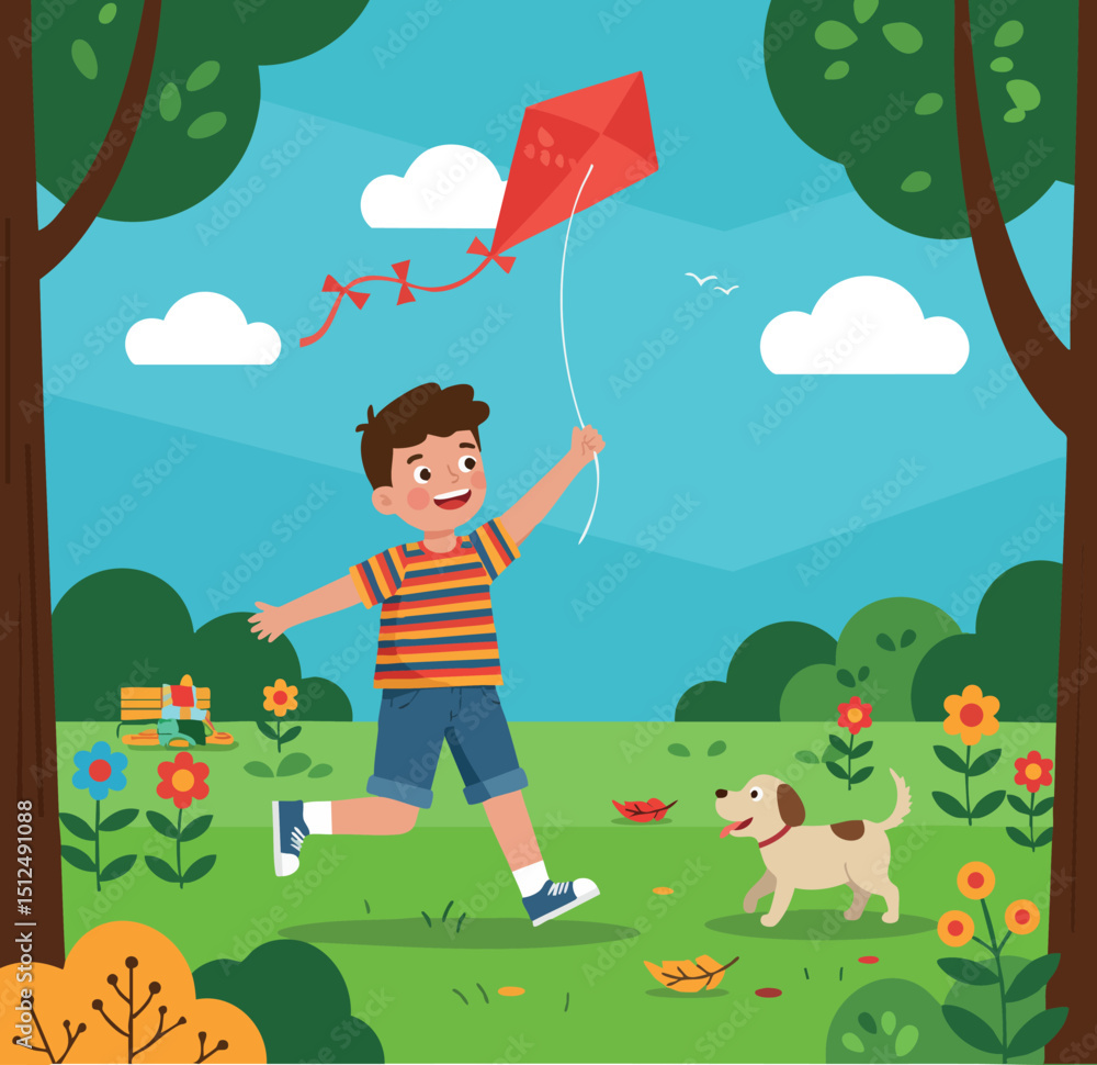 Fototapeta premium Boy flying red kite playing with dog in colorful garden landscape vector illustration 