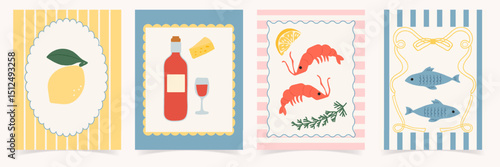 Summer food poster set. Mediterranean cuisine in vintage frames. Hand drawn lemon, wine, shrimps in dolce vita style. Trendy design for cards, print, kitchen, branding.