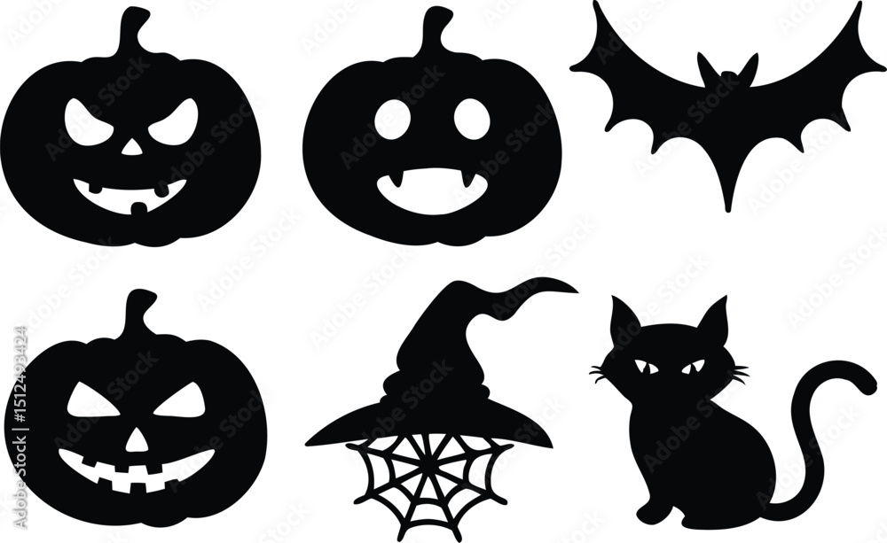 Fototapeta premium Scary Halloween Silhouette Pack Featuring Pumpkins, Cat, Bat, Spider Web, and Witch Hat, Vector Icons for Holiday Design, Stickers, and Party Graphics