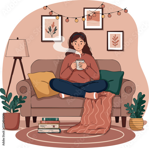 Woman Relaxing at Home on Sofa with Hot Drink and Cozy Blanket in Living Room Interior 