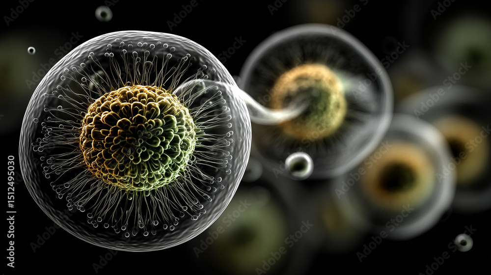 Fototapeta premium Artistic representation of bacterial spores with glowing details 