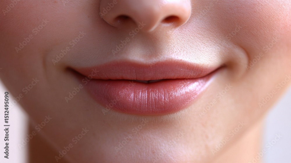 Obraz premium Close-up of a gentle smile on the lips, eyes unfocused and lost in a memory.