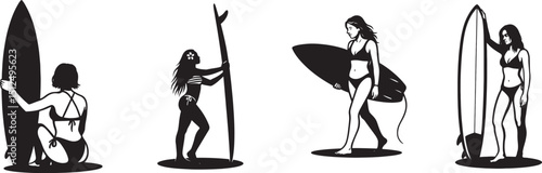 Women surfing silhouette black illustration, Female surfers riding waves graphic design