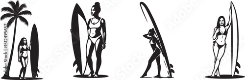 Surfer women silhouettes enjoying beach scene, Female surfers black and white beach illustration