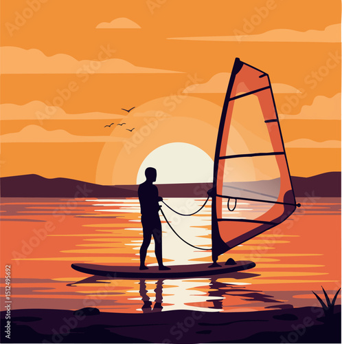 Windsurfer standing on board during orange sunset on lake with hills and birds vector illustration 