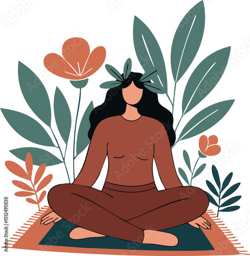 Woman meditating in nature with floral background and earthy tones vector illustration 