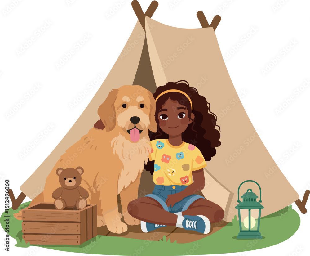 Naklejka premium Girl Sitting Outside Tent Camping with Large Dog and Teddy Bear Relaxing Outdoors 
