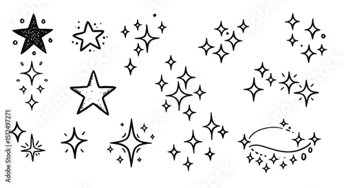 Twinkle star vector spark element icon. Star twinkle glitter spark hand drawn shine icon set. Hand drawn sketch doodle style. Magic light decoration background vector in black and white
