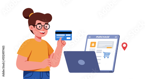 vector illustration of character holding a visa and making purchase on laptop
