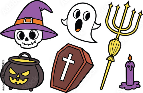 Colorful Halloween Icon Set Featuring Skull, Ghost, Witch Hat, Pumpkin Pot, Candle, Trident, and Coffin, Fun Vector for Party Decor, Crafts, and Holiday Graphics photo