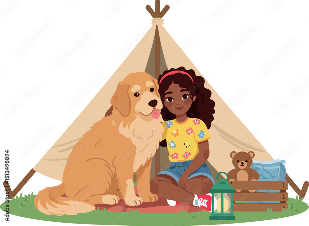 Fototapeta premium Girl Sitting with Golden Retriever Dog Outside Tent Camping Scene Vector Illustration 