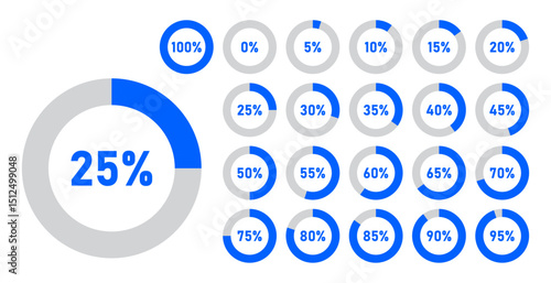 Infographic circle with percentage 0 to 100 loading progress interface in blue color vector design. 5 10 15 20 25 30 35 40 45 50 55 60 65 70 75 80 85 90 95 percent loading circle collection.