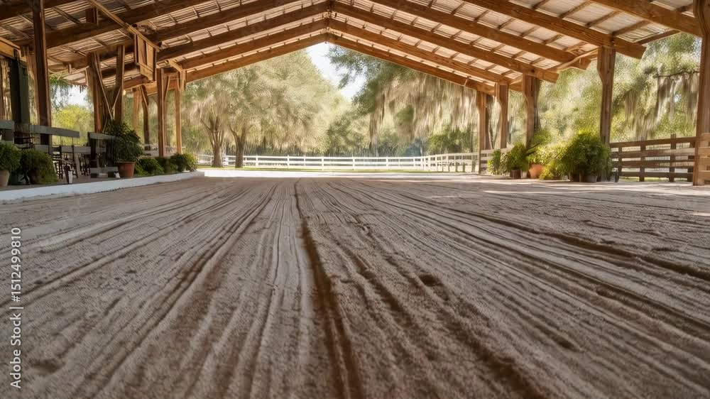 Spacious sand equestrian arena with wooden beams and natural light showcasing meticulously groomed surface within a covered training space Spacious sand equestrian arena with wooden beams and natural light showcasing meticulously groomed surface within a covered training space