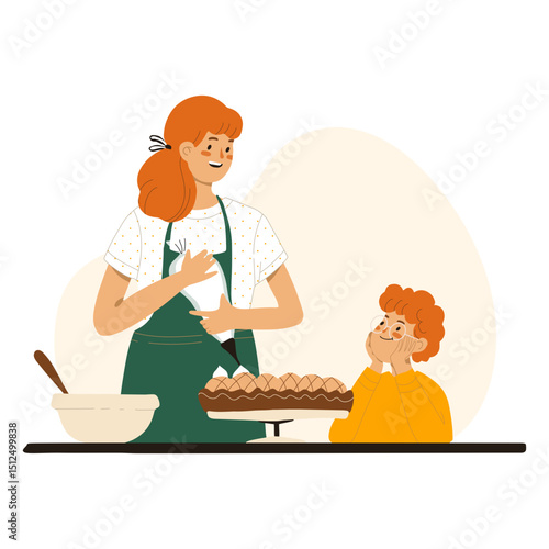 Mother and son cooking characters