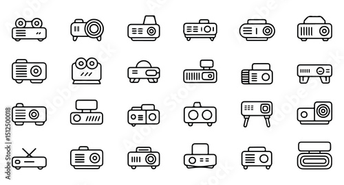 Projector Line Icon Set – Thin Outline Multimedia Icons for Presentation and Office Use