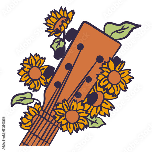 Acoustic guitar head with flowers color stroke