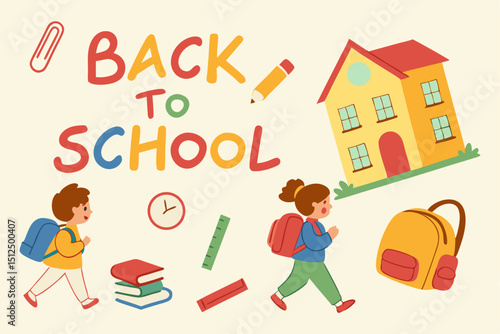 Back to School: Children walking to school with backpacks and school supplies