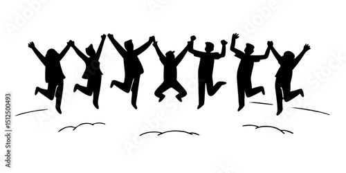 Silhouettes of eight joyful people jumping and holding hands, celebrating a shared success or achievement, symbolizing teamwork and unity.