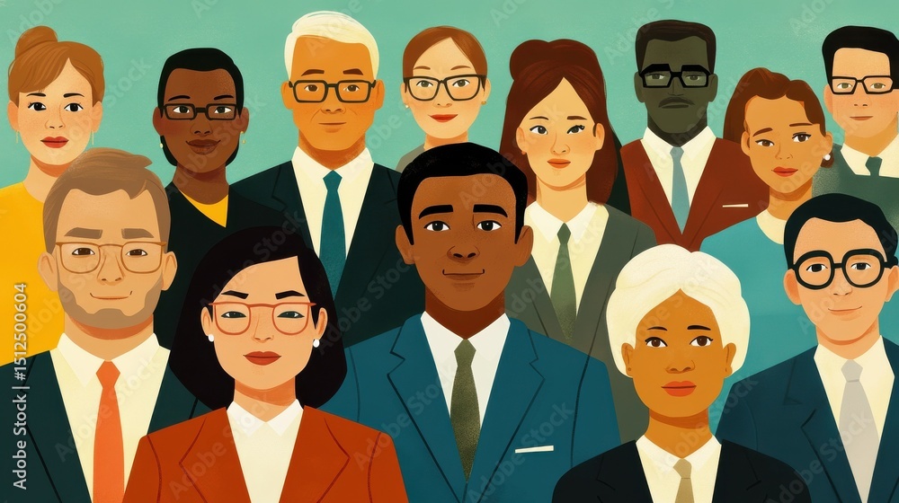 Collage of portraits of an ethnically diverse and mixed age group of focused business professionals illustration , no logos, no brands Collage of portraits of an ethnically diverse and mixed age group of focused business professionals illustration , no logos, no brands