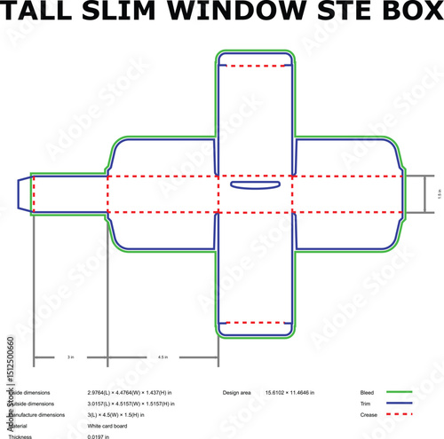 Tall slim window box packaging die cut template design