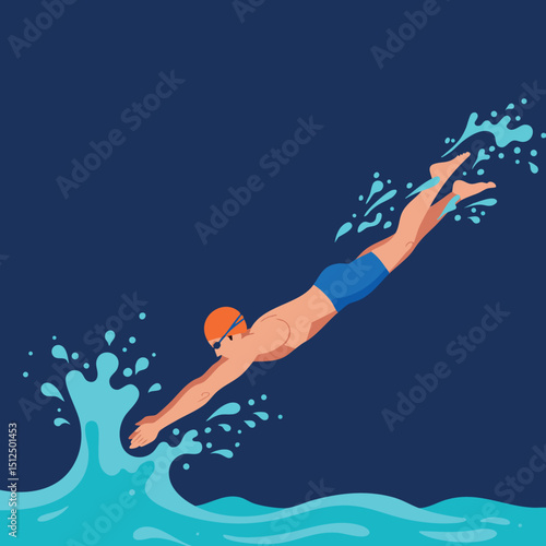 Male swimmer diving into water with splash in blue background vector illustration