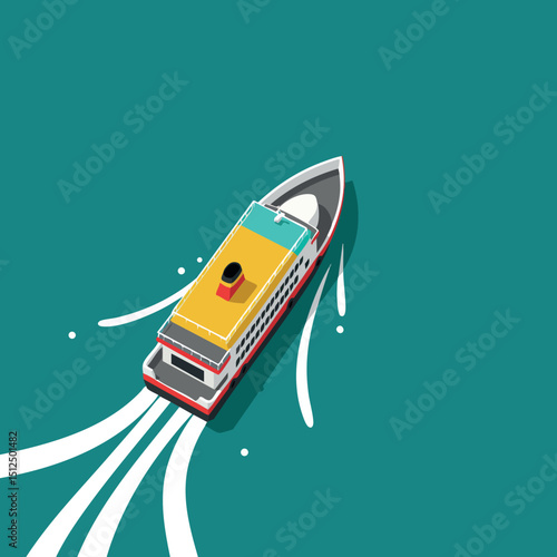 Passenger boat sailing on calm water with wake trail vector illustration