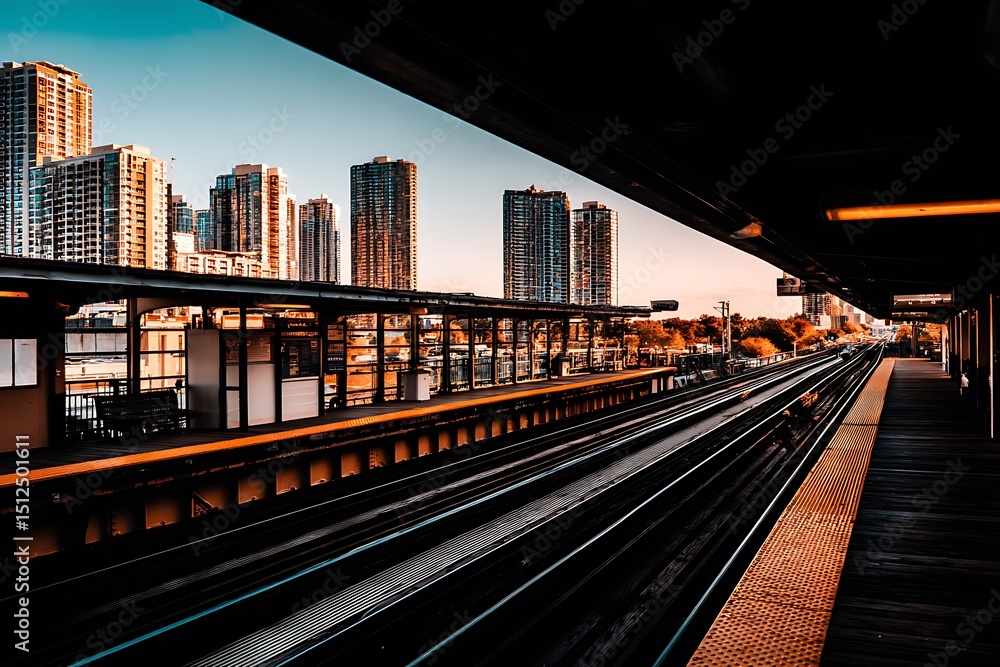 Fototapeta premium Urban train station with city backdrop