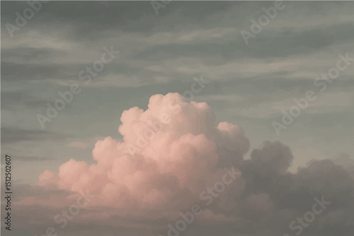 a vector illustration of a single large cumulus cloud in a muted sky. The cloud should be light pink with soft shading, and centered in the image. The background sky should be a desaturated greenish
