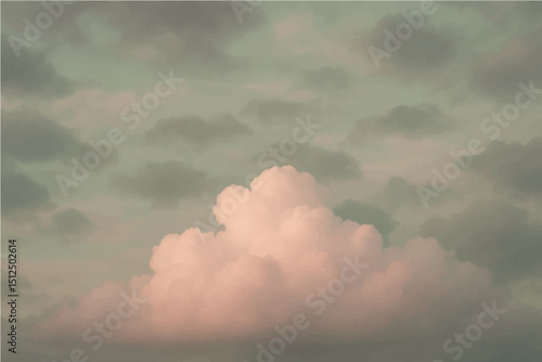 a vector illustration of a single large cumulus cloud in a muted sky. The cloud should be light pink with soft shading, and centered in the image. The background sky should be a desaturated greenish