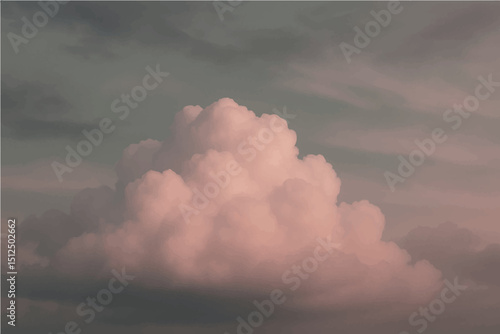 a vector illustration of a single large cumulus cloud in a muted sky. The cloud should be light pink with soft shading, and centered in the image. The background sky should be a desaturated greenish