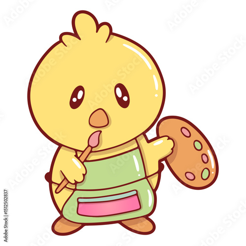 Cute canary with paintbrush and watercolors   