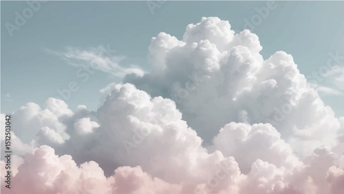 A vector illustration of fluffy clouds set against a gradient sky. The sky transitions from a soft pink dip white tone in the upper corners to a light blue in the center.
