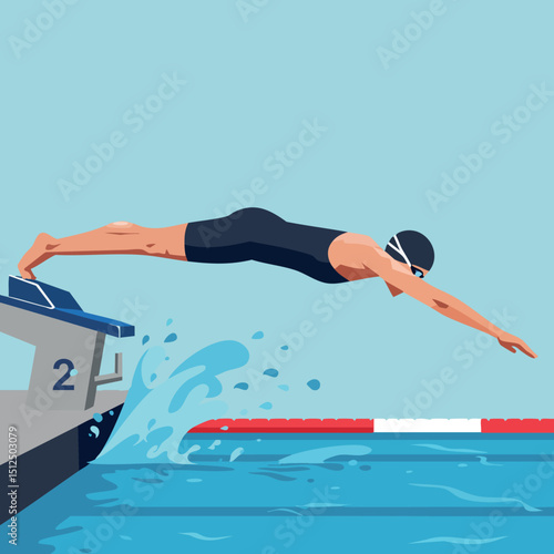 Male swimmer diving into pool from starting block in competitive swimming race 