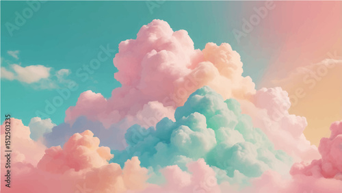 abstract Vector illustration of fluffy clouds in a clear sky. The clouds have a soft gradient of pastel colors like pink, peach, and blue. The sky is a thick turquoise blue. 