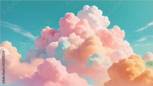 abstract Vector illustration of fluffy clouds in a clear sky. The clouds have a soft gradient of pastel colors like pink, peach, and blue. The sky is a thick turquoise blue. 