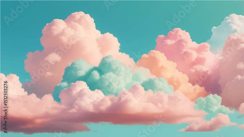 abstract Vector illustration of fluffy clouds in a clear sky. The clouds have a soft gradient of pastel colors like pink, peach, and blue. The sky is a thick turquoise blue. 