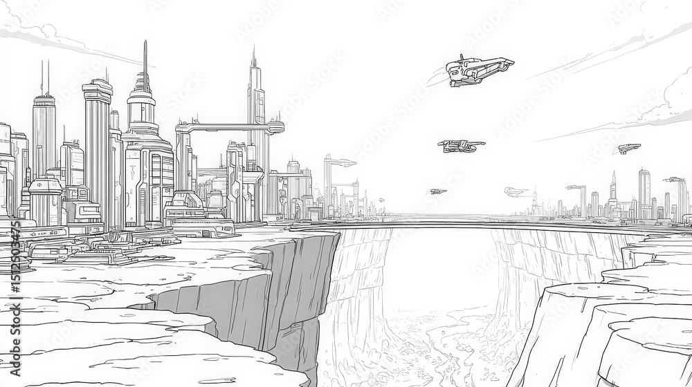 Fototapeta premium Futuristic cityscape with soaring structures and flying vehicles above a deep chasm