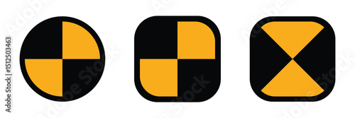 Crash test sign symbol collection on white background. crash test dummy symbol black and yellow checkered warning sign automotive safety icon isolated on white background.