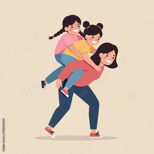 Mother giving piggyback ride to two happy children in casual clothing family playtime fun 