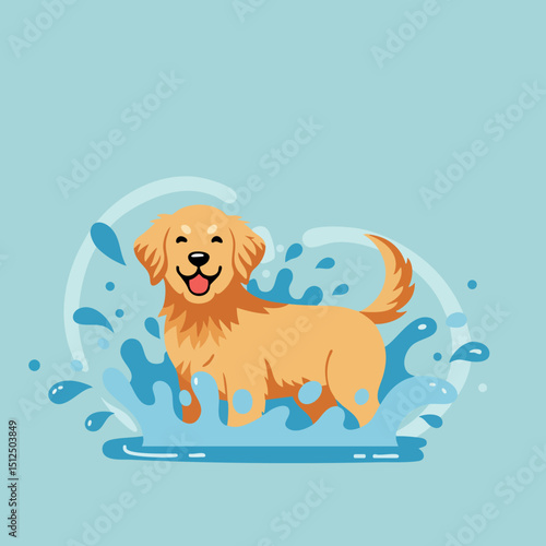 Golden retriever dog splashing water playful blue background vector illustration 