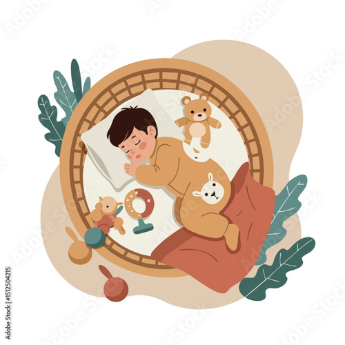 Sleeping baby boy in cozy bed with teddy bears and toys vector illustration 