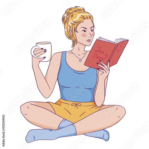 Girl sitting on the floor reading a book with a cup of coffee