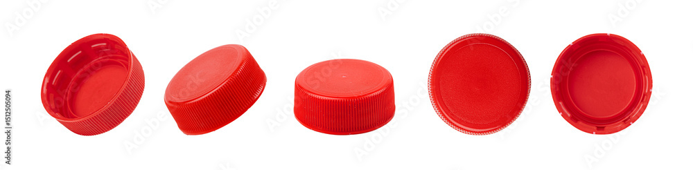 Fotografie Five red plastic bottle caps from different angles