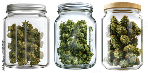 Set of glass jars filled with dried cannabis buds and marijuana flower, isolated on transparent background

