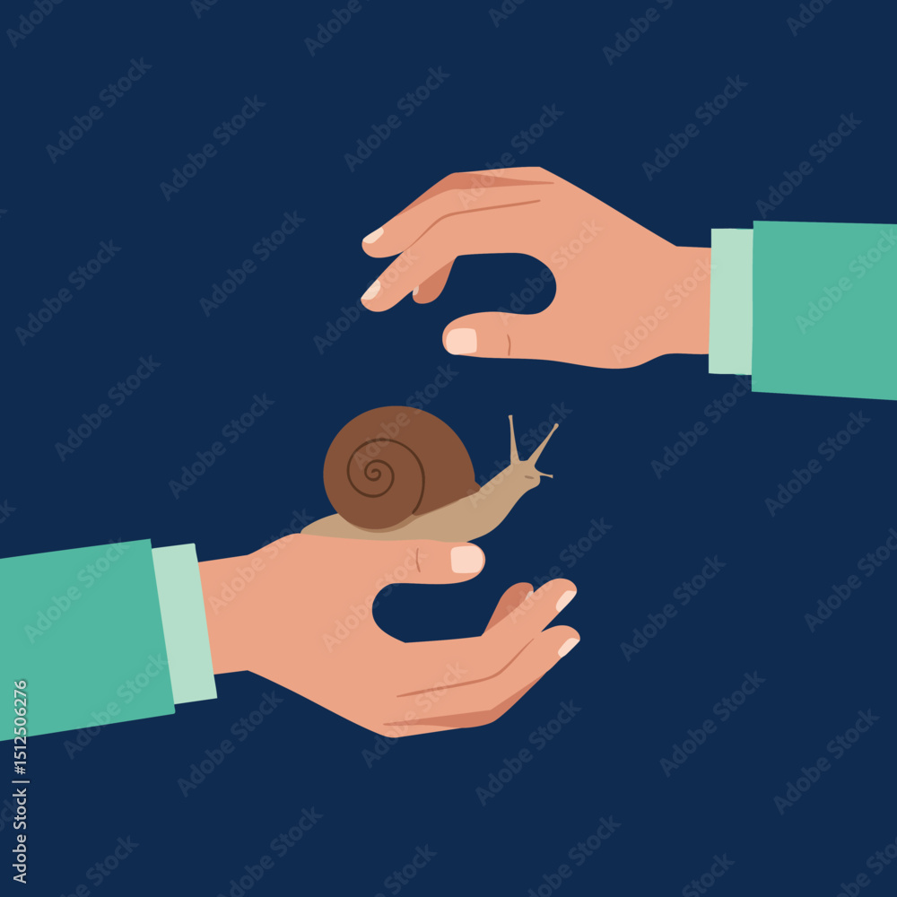 Fototapeta premium Hands holding and reaching for brown snail on dark blue background vector illustration 